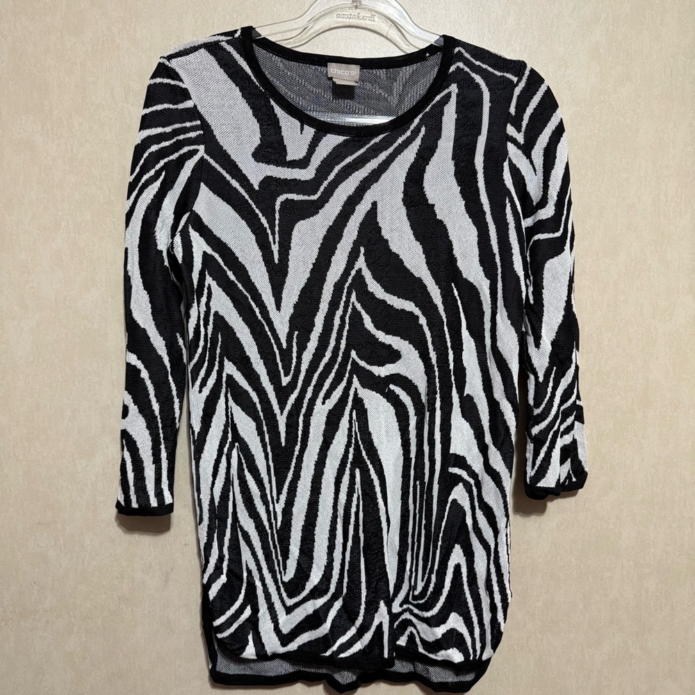 Chicos Black White Zebra Print Rayon Scoop Neck Tunic Top